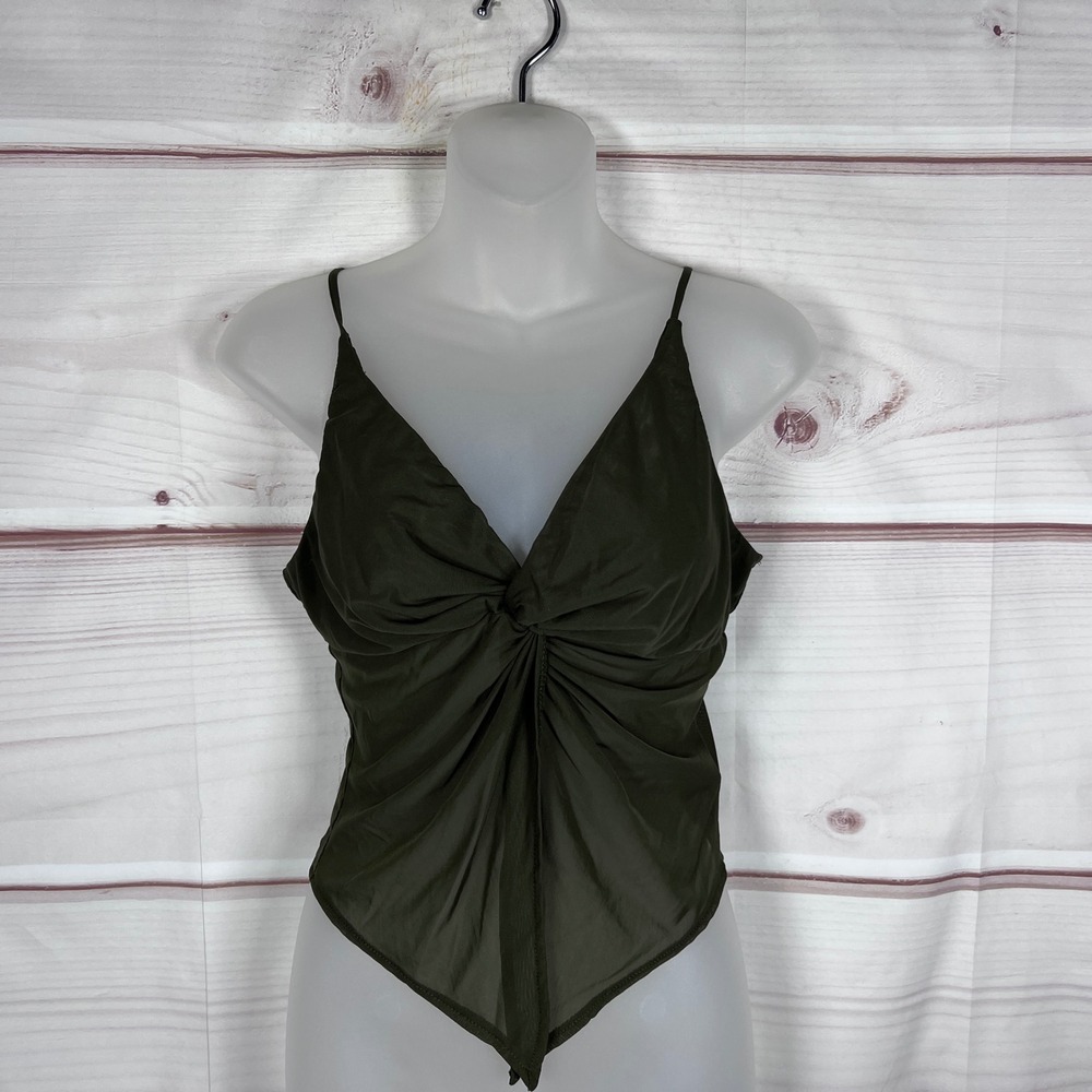 Urban Outfitters Mesh Y2K Tank Top Womens M Green Twist Front V-Neck Sleeveless